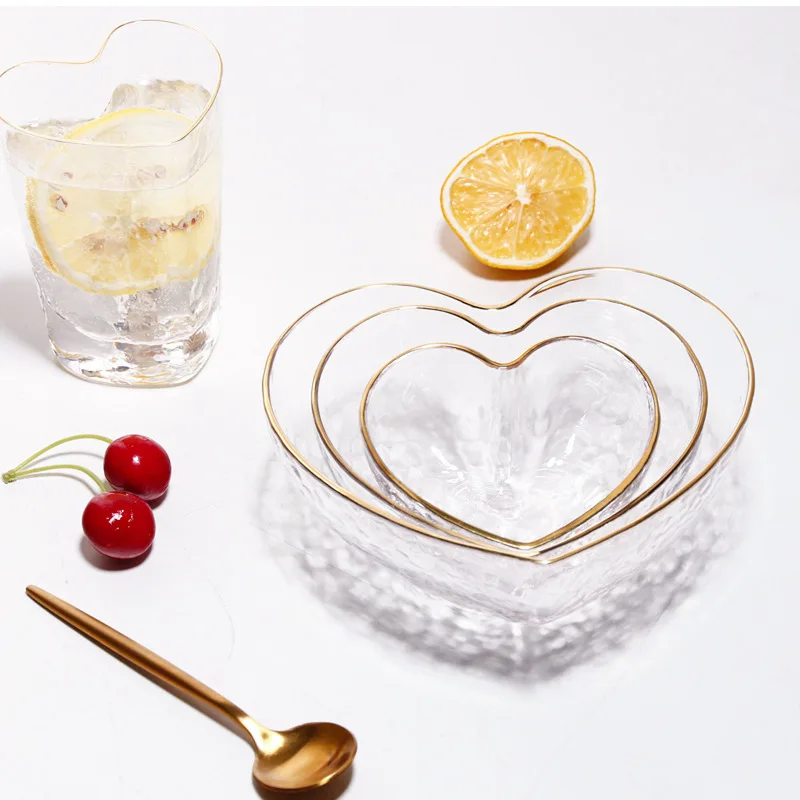 Creative New Design clear Glass Bowl Set Clear Heart Shape Glass Plate Glass Bowl with golden rim