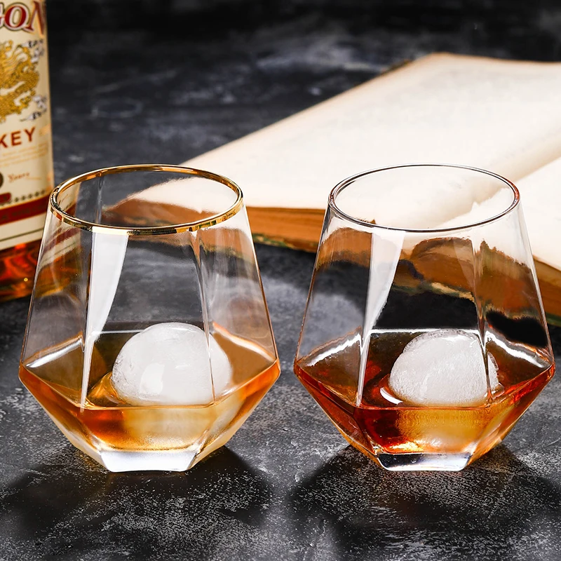 
New Diamond Shaped whiskey glass cup Crystal Glass Whisky Cup with gold rim rocks glasses 