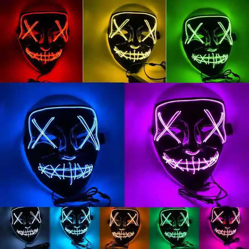 Factory Wholesale Led Light Up Black Halloween Scary Face Mask Masquerade Cosplay for Men Women Kids