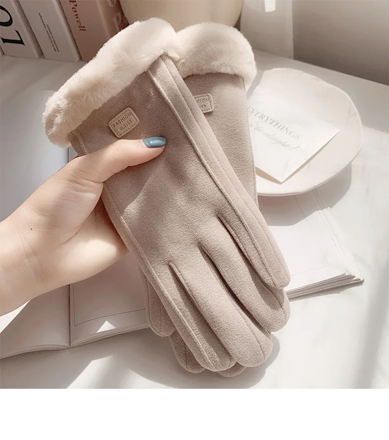 Warm Gloves Female Winter Plus Fleece Thickened Suede Autumn And Winter Cold Touch Screen New Cycling Ski Riding Gloves R2219