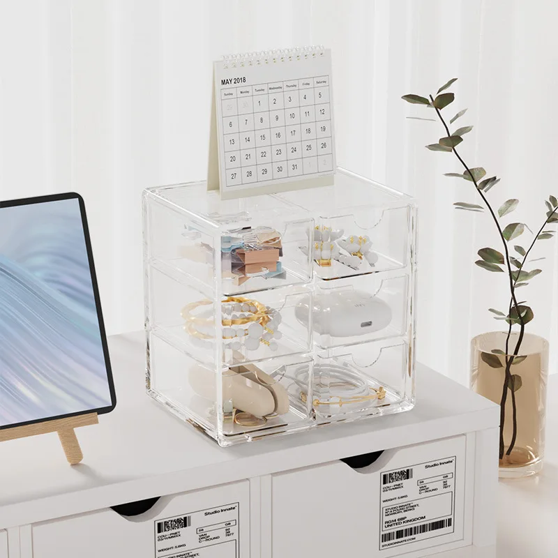 Ins Style Desktop 6-Grid Clear Sundries Drawer Makeup Plastic Storage Box Office Stationery Organizer for Hand Account Tapes