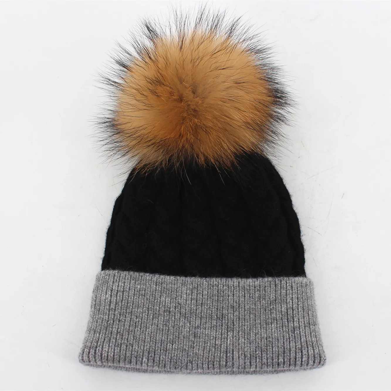 2024 latest women angora wool hat custom winter beanie hat with raccoon fur ball
