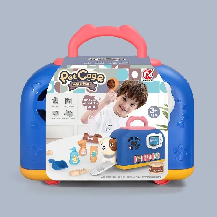 Hot Selling 17PCS Pet Cat Cage House Children Toy Other Pretend Play IC Music Lighting Pet Care Cage Play Set With Sliding Case