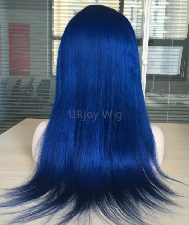Blue Color Silk Straight 100 Human Hair Brazilian Virgin Hair Celebrity Wigs Lace Front wig for Black Woman Free Shipping