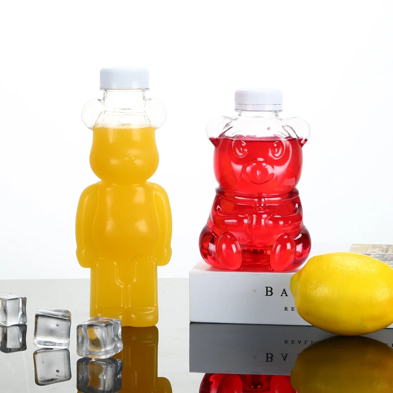 
cute bear shape takeaway beverage pet bottle milk-tea coffee juice wine plastic bottle with screw cover 