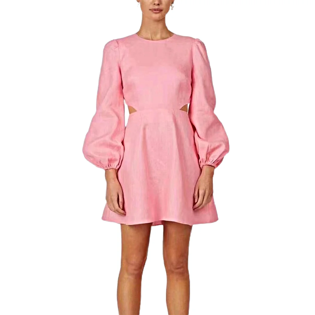 Wom Clothes Lady Mini Dress Summer Casual Women Clothing Waistless Linen Mini Dress Round Neck Long Sleeve Natural Woven Simple