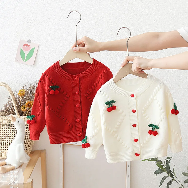 Autumn New Baby Wool Jacket Cute Pullover with Cherry Pattern Outfit Knitted Warm Top Cardigan For Girls With Heart Button