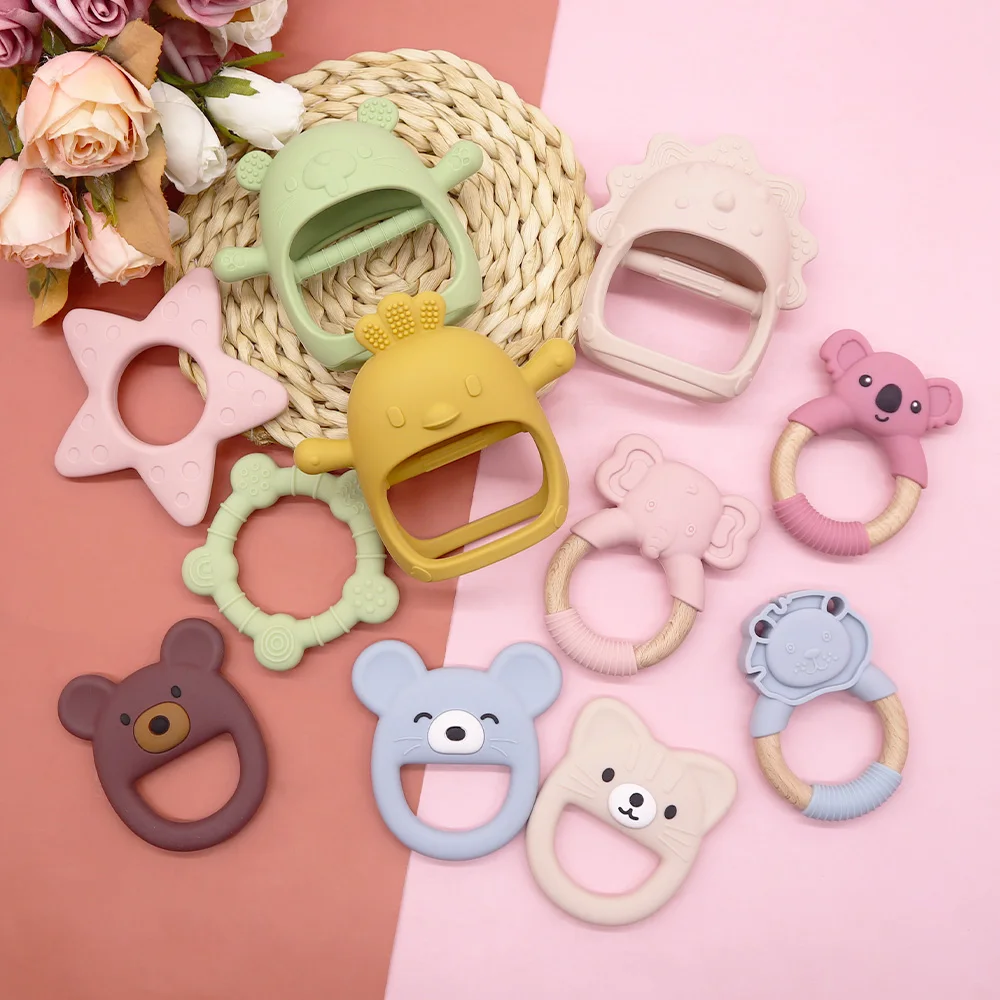 2023 Hot Melikey Wholesale Animal Wrist Glove Teether Wooden Baby Silicone Teething Ring Silicone Teethers For Babies Cartoon