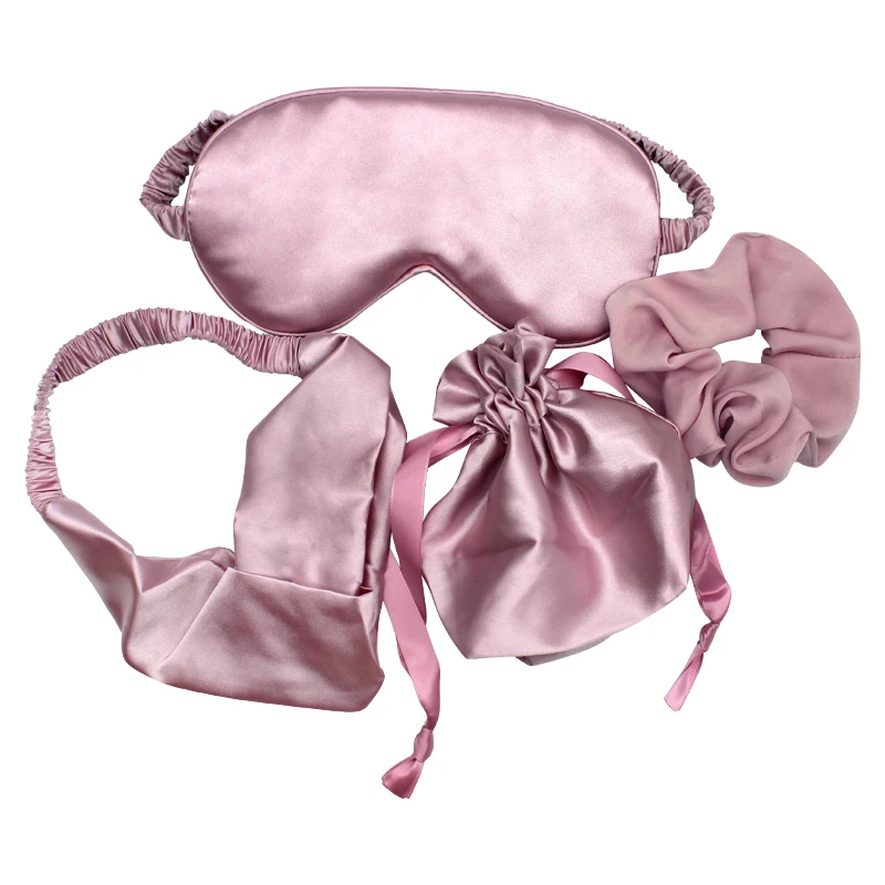 Wedding Souvenir Travel Silk Satin Night Sleep Eye Mask Set With Head Band Gift Bag And Hair Scrunchies
