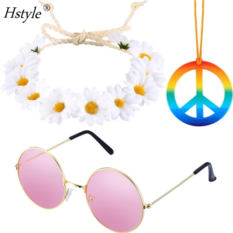 3PCS Hippie Set-Rainbow Peace Sign Necklace White Daisy Flower Headband and Hippie Sunglasses 60s Dressing Accessories HS1419