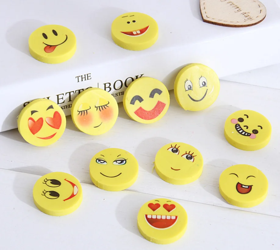 Cartoon soft rubber round shape smiling face pencil eraser for children
