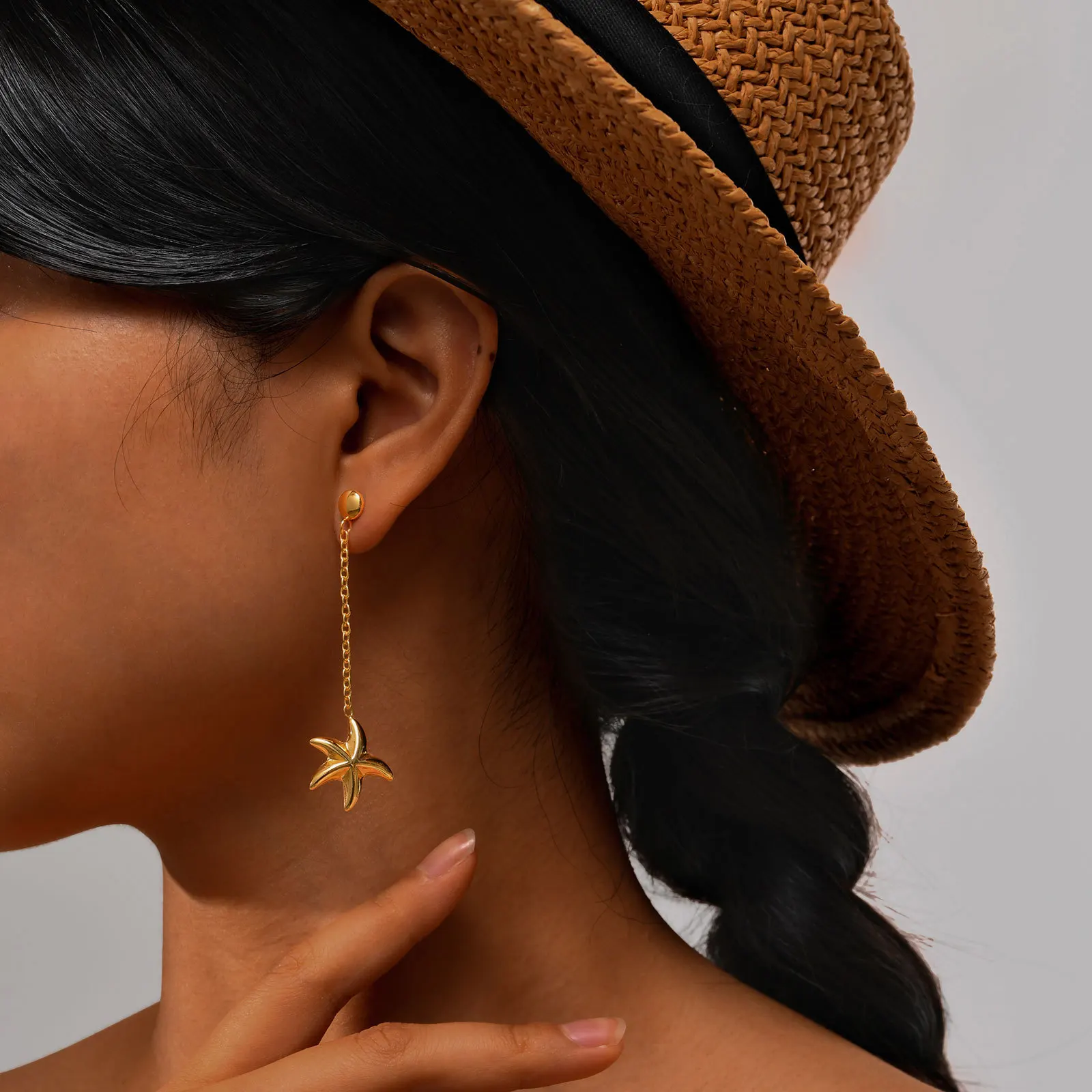 New Trend Fashion Summer Beach Jewelry Waterproof Women PVD Gold Stainless Steel Starfish Dangle Earrings