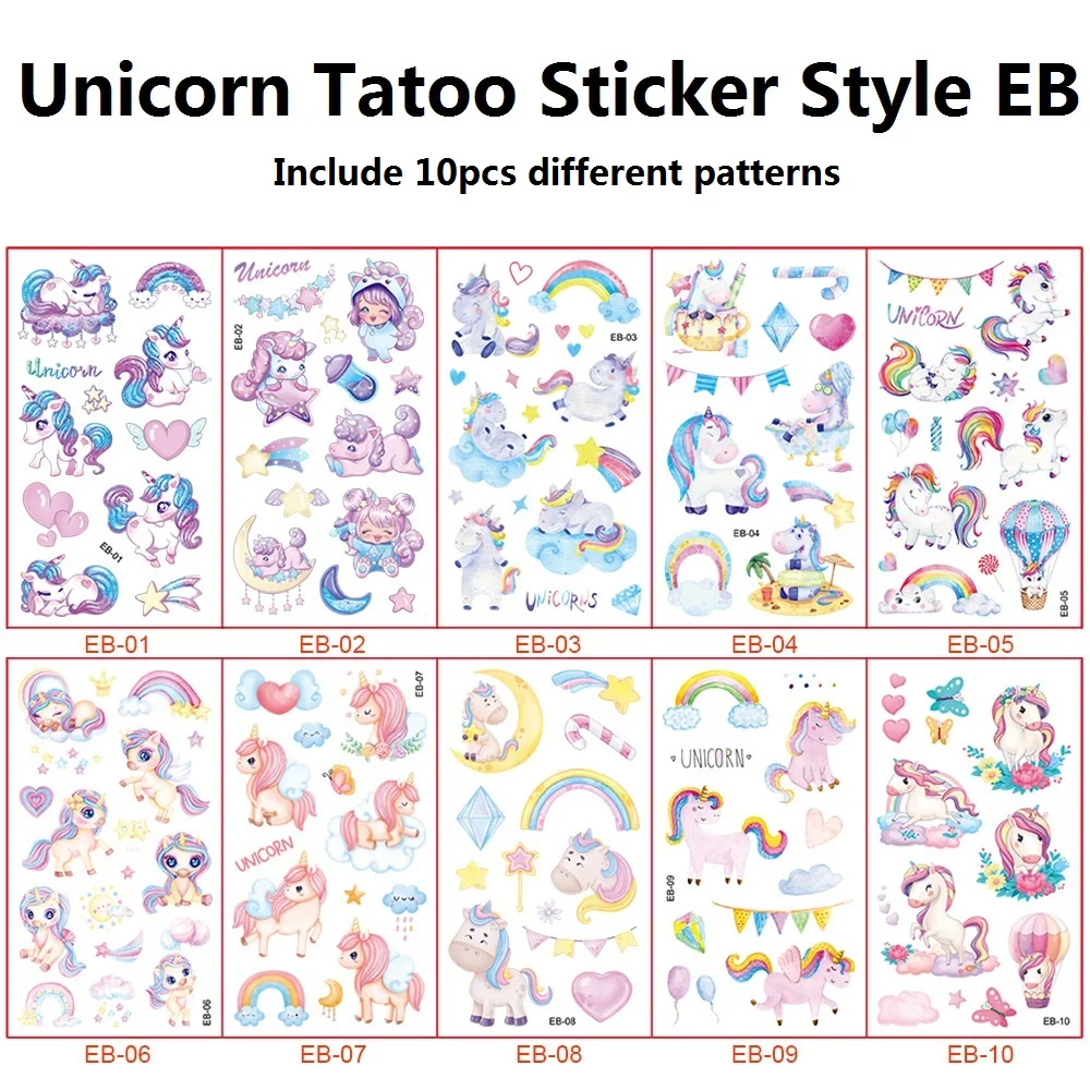 10Pcs/Set Child Tattoo Sticker Unicorn Princess Temporary Fake Kids Tatoo Girl Arm Hands Body Waterdichte Tatouages Pour Enfants
