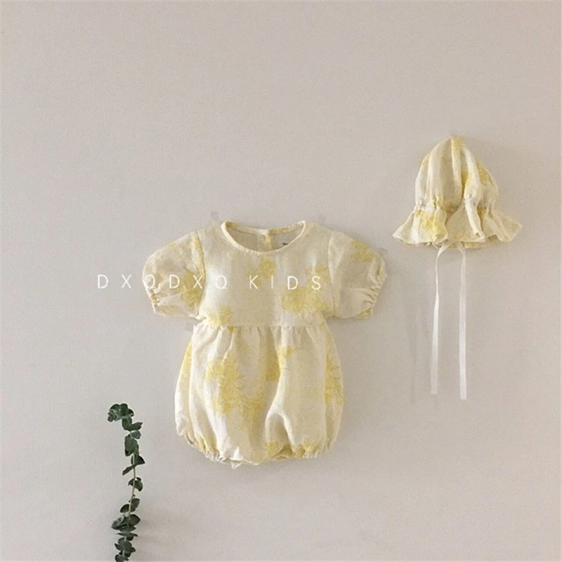 2022 Summer fashion cotton printed pattern puffy short sleeves baby girls infants toddlers jumpsuits romper for kids