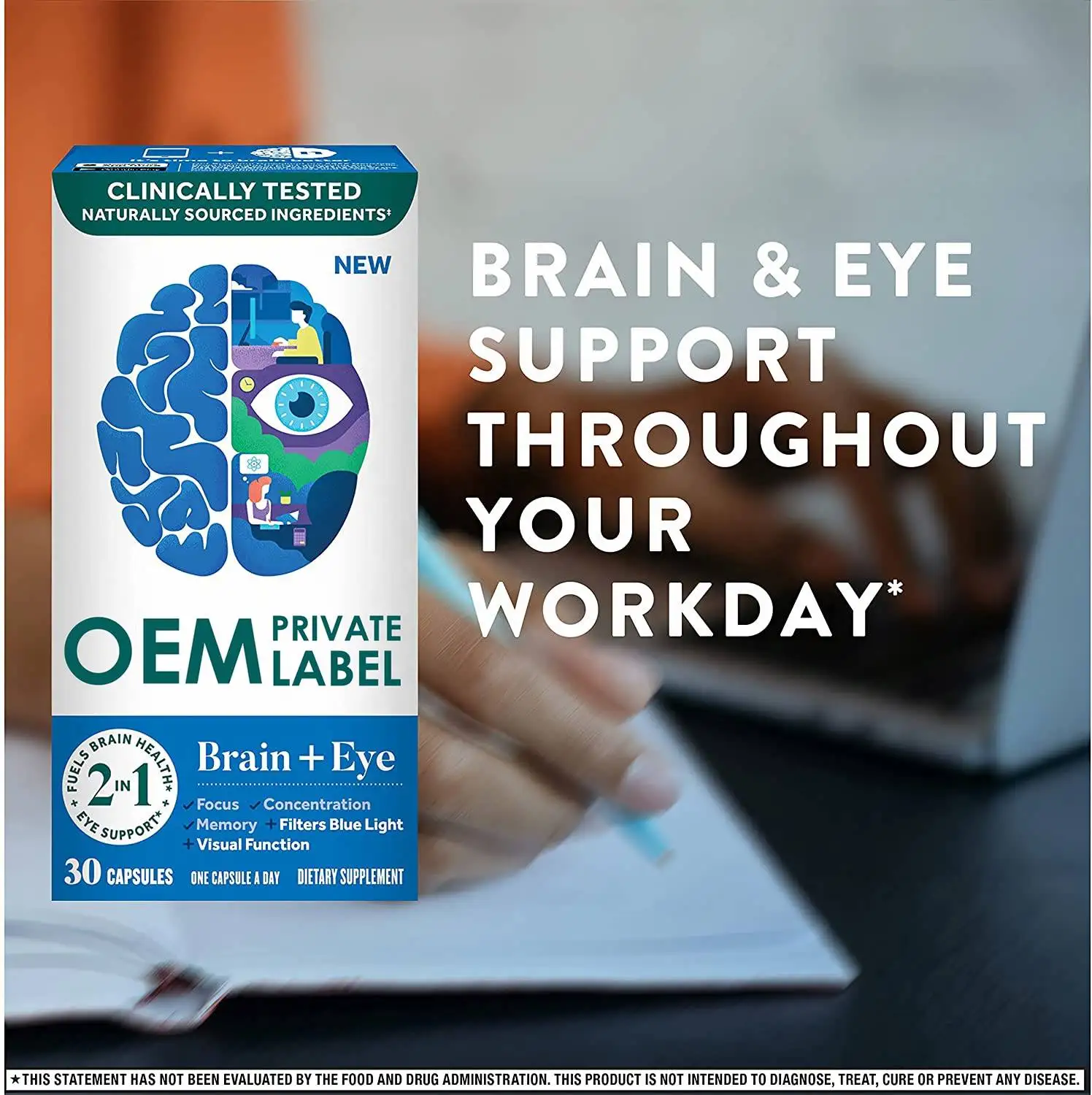 Brain + Eyes supplement capsules improve memory and concentration and contain lutein, vitamin ACE and zinc to promote eye health