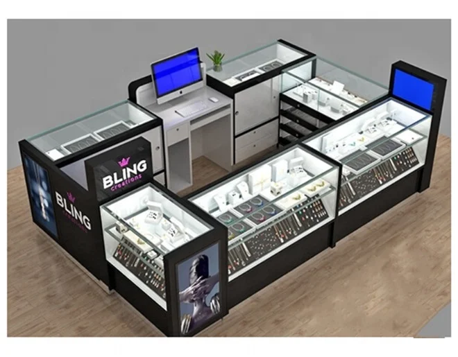 High-end Jewelry Kiosk for Mall Glass Jewelry Display Cabinet with LED Light Modern Mall Kiosk for Jewelry