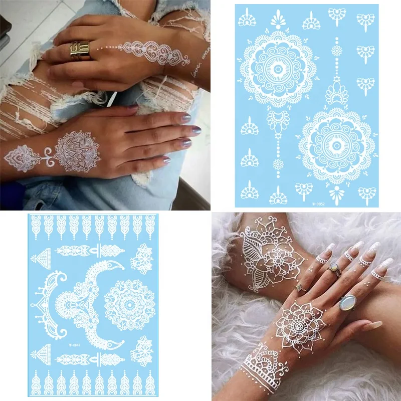 White Lace Wedding Temporary Henna Tattoo Hand Design For Women Girls Adult Black Sexy Finger Hand Tattoo Stickers