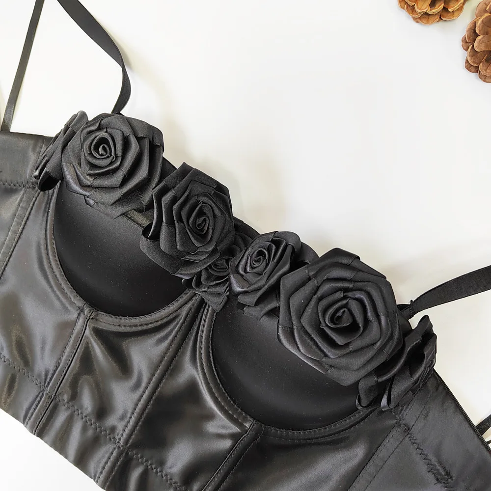 Manufactory Satin Silk 3D Straps Sexy Women Ladies Girls Boned Corselet Bustier Padded Crop Overbust Corset Flower Top Boning