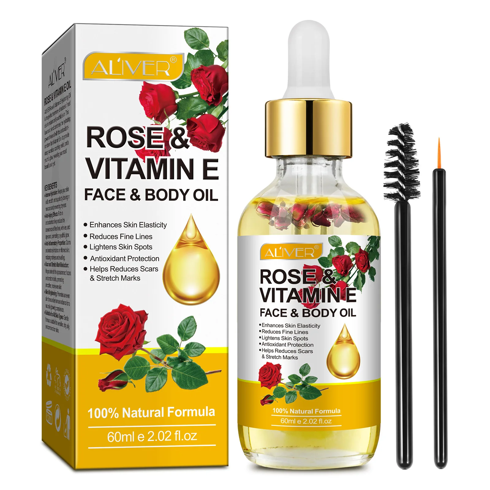 ALIVER 60ml Natural Organic Rose Vitamin E Hydrating Oil For Face And Body Skin Nourishing Reduces Fine Lines Lighten Skin Spots