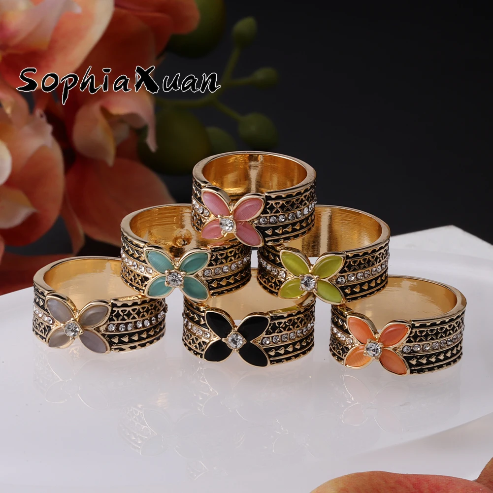SophiaXuan Colorful Fashion Crystal Gold Plated Enamel Large Jewelry Flower Hawaiian Rings
