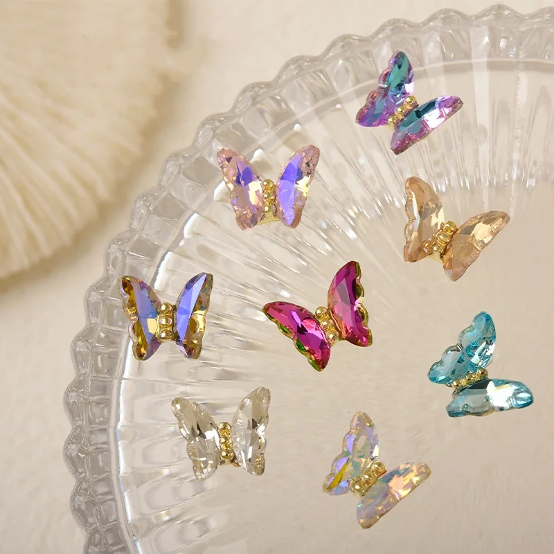 2022 New 3d Manicure Crystal Butterfly Jewelry Aurora Rhinestone Nails Glitter Diy Colorful Mini Butterfly Nail Art Charms