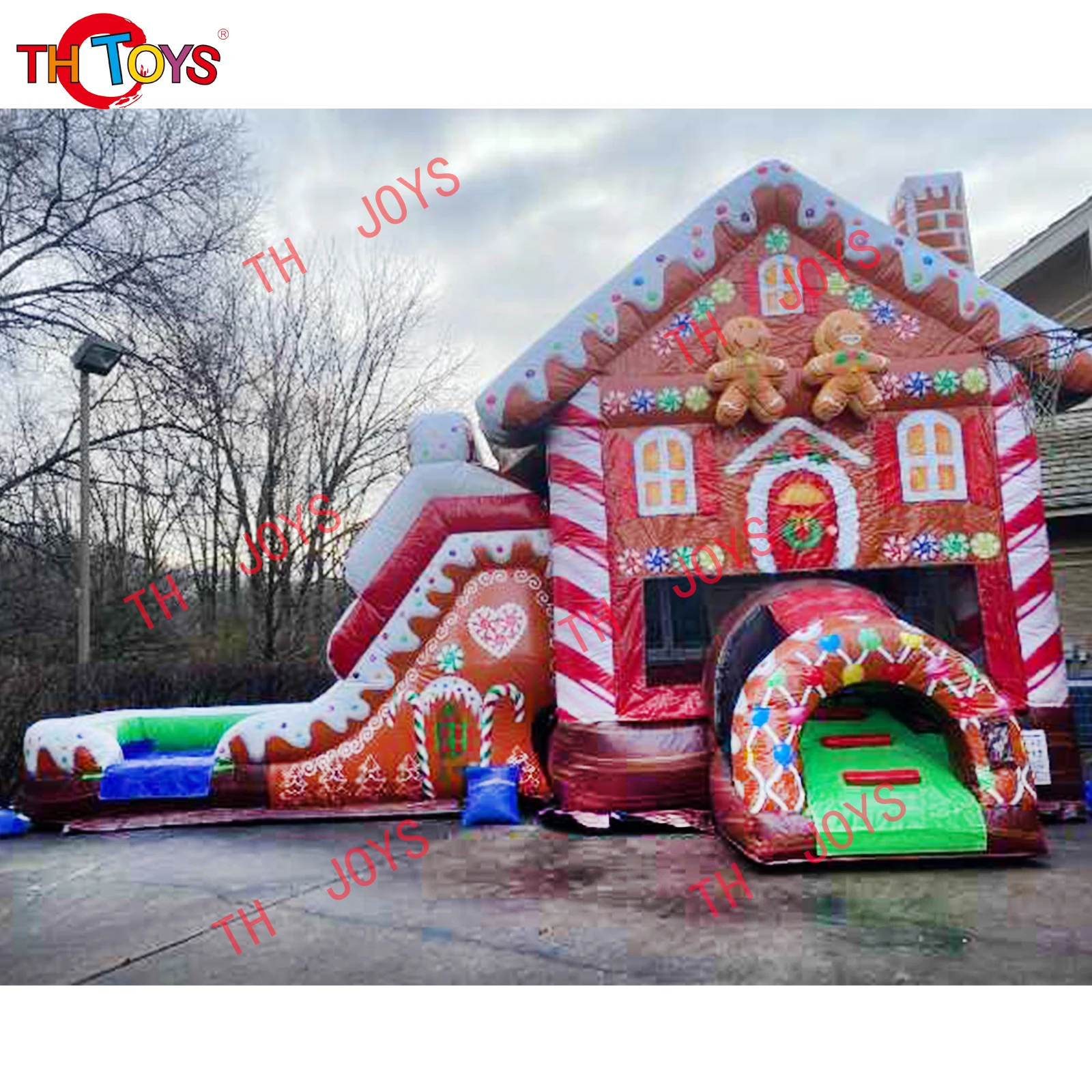 Gingerbread Bounce House With Dry Slide Combo Candy Inflatable Christmas Gingerbread Man Jumping Bed
