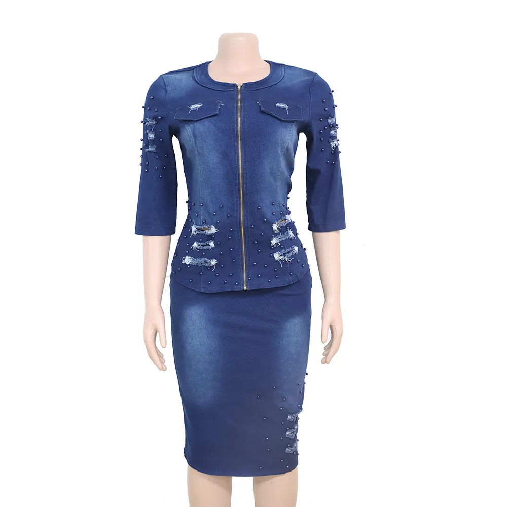 Hot selling new arrival floral printing mothers casual wear washed denim zipper jacket and skirt new women 2 pieces sets 2021