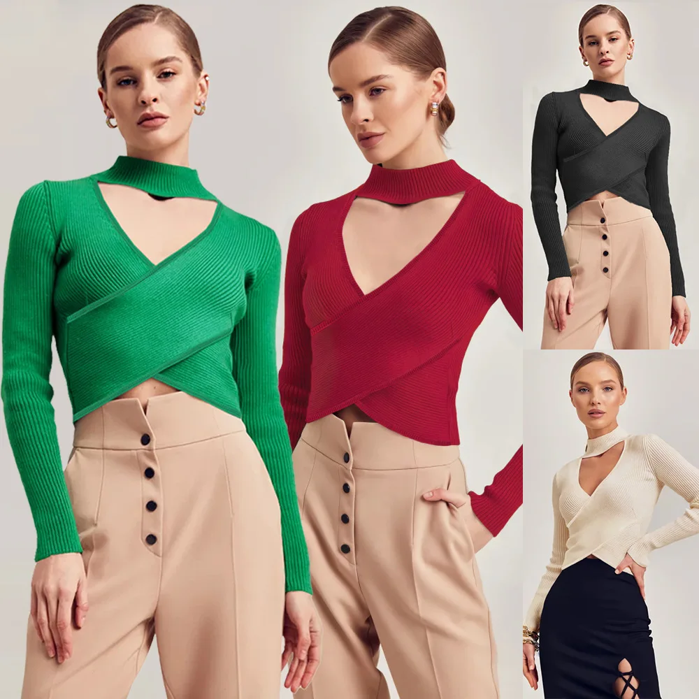 PRETTY STEPS Latest Design Women Fashion Solid Color Sexy O-neck Long Sleeve Slim Knitted Short Casual Hollow Out Tops