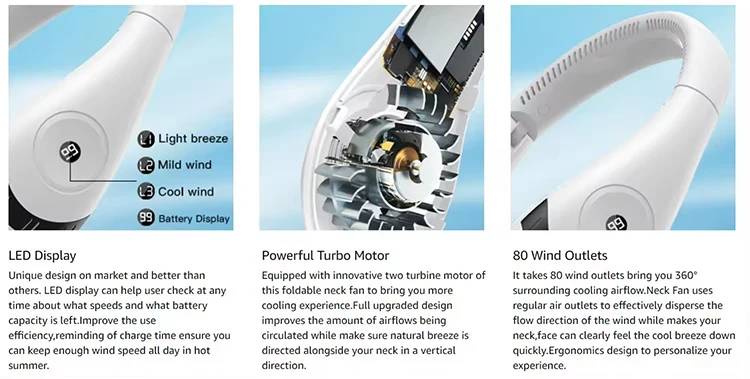 2024 Лидер продаж новый немой перезаряжаемый H12 шейный вентилятор со светодиодной подсветкой Открытый спортивный воздушный охлаждающий носимый