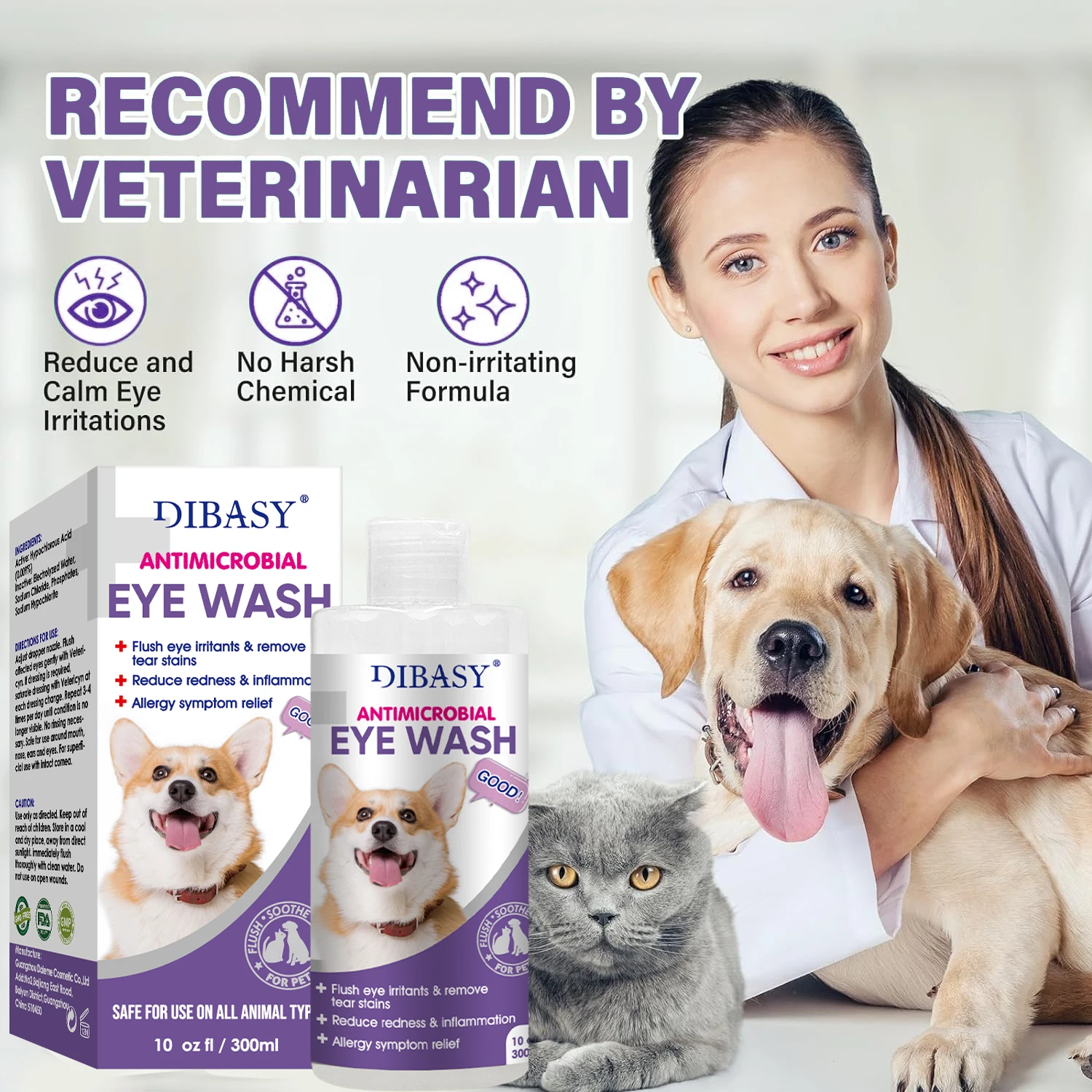 Pet Care Fast Relief from Irritations & Allergies Symptoms Eye Wash & Tear Stain Remover for All Animals -DIB666025