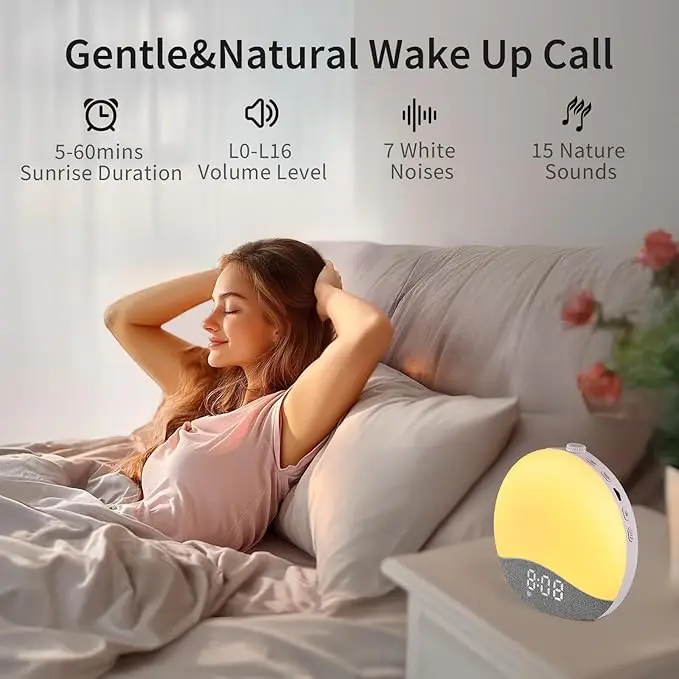 Sunrise Alarm Clock Upgraded Backlit Buttons 26 Soothing Sounds White Noise Machine Night Light, Bluetooth Speaker Wake Up Light