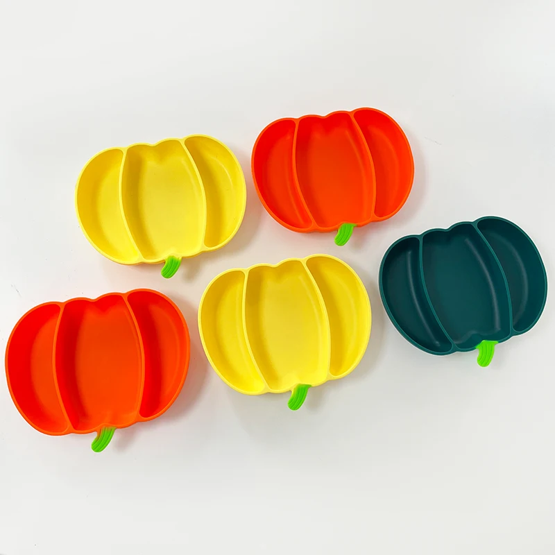 BPA free kids baby complementary food eating training silicone tableware food grade partition suction bowl Pumpkin plate