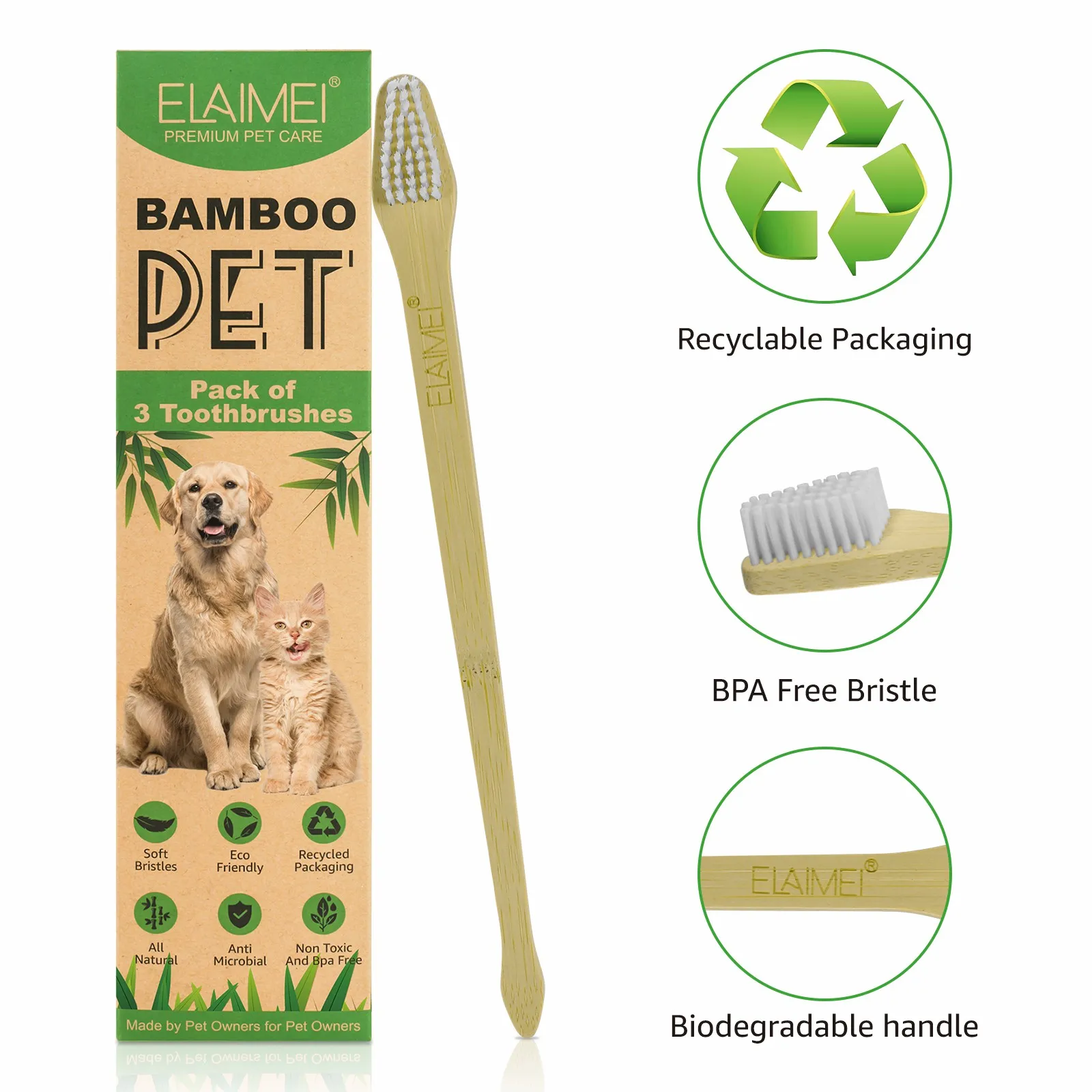 ELAIMEI bamboo pet of 3 toothbrushes