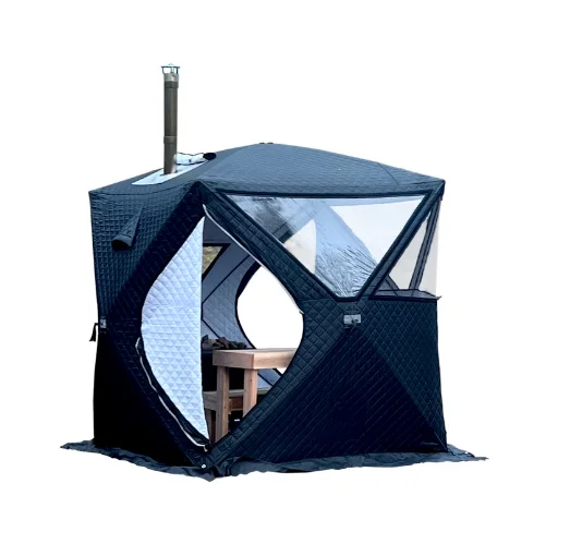 Outdoor multi person year-round sauna with thickened warmth, winter fishing tent, large window, chimney mouth, quick opening