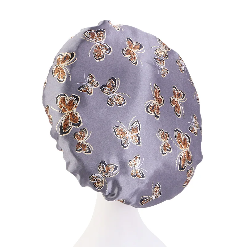 Fashion Butterfly Pattern Hats With Wide Band Custom Logo Beauty Woman Sleep Caps Satin Hair Bonnets