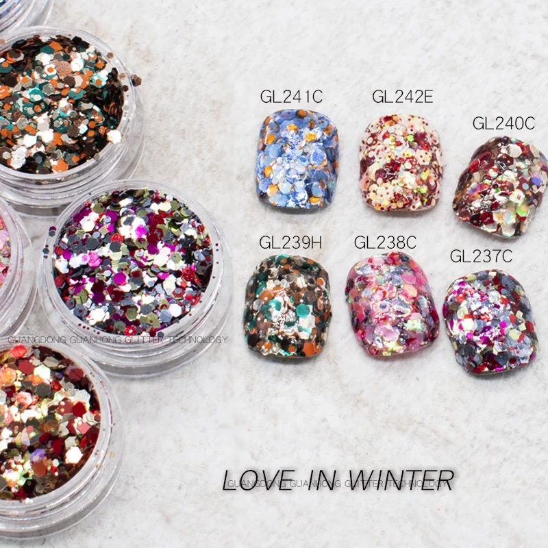 New Arrival Chunky Mixed Winter Glitter Powder Box Set Low MOQ Nail Art PET Glitter Scene Decoration Hot Sale  Hexagonal Sequin
