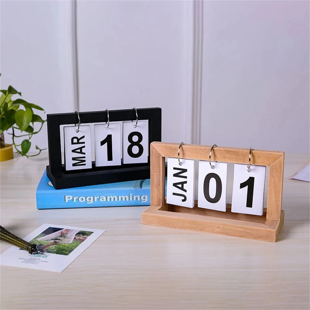 Home Decoration Photography Props Office Wooden Perpetual Calendar Flip Month Date Display Desktop Schedule Daily Planner