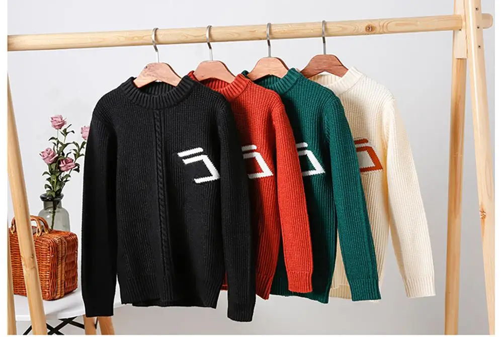 
Boys sweater spring and autumn winter round neck high collar plus velvet thick knit bottoming shirt 