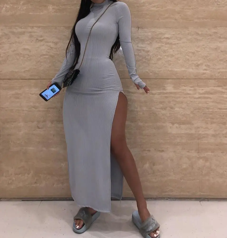 8259  Long Sleeve Evening Dress 2021 New Autumn Ribbed Split Vestidos Ladies Patty Bodycon Slim Outfits Casual Gray Clothing