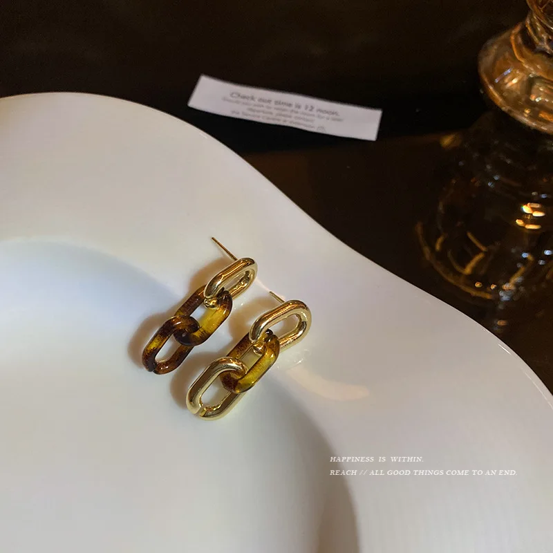 Retro Leopard Chain Earrings Drop for Women New Fashion Simple Creative Chunky Chain With Tortoise Resin Link Chain Earrings