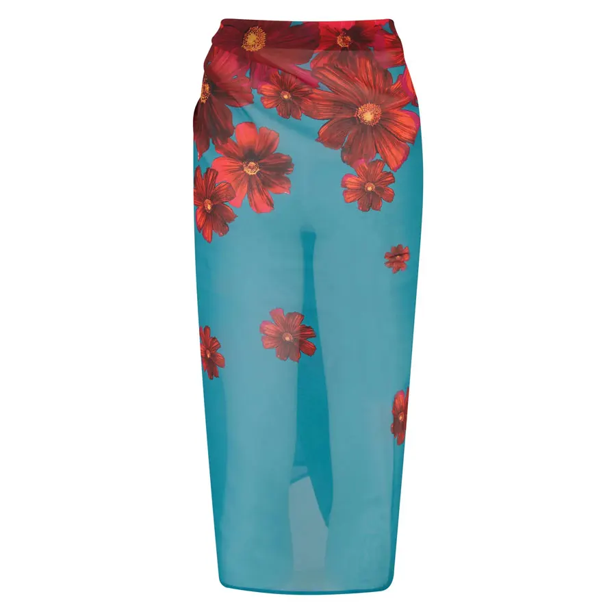 HL factory high quality mesh silk beach pareo summer sunscreen cover up beachwear women custom logo floral print boho sarong