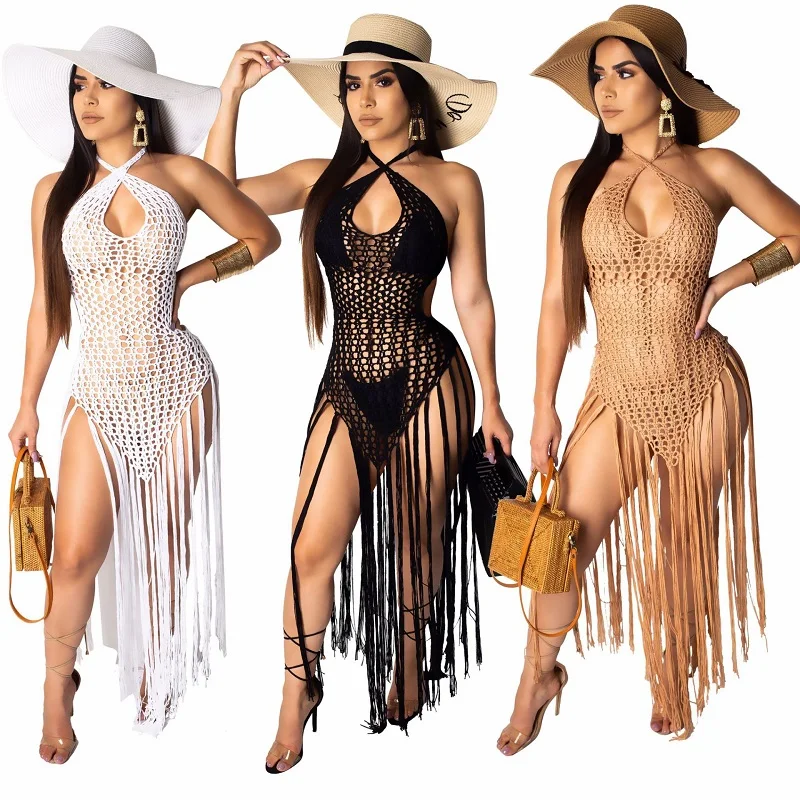 
Cowinner Summer Crochet Hollow Out Tassel Beach Cover Up Dress Bikini Swimsuit Knit Bathing Suit Cover Ups 