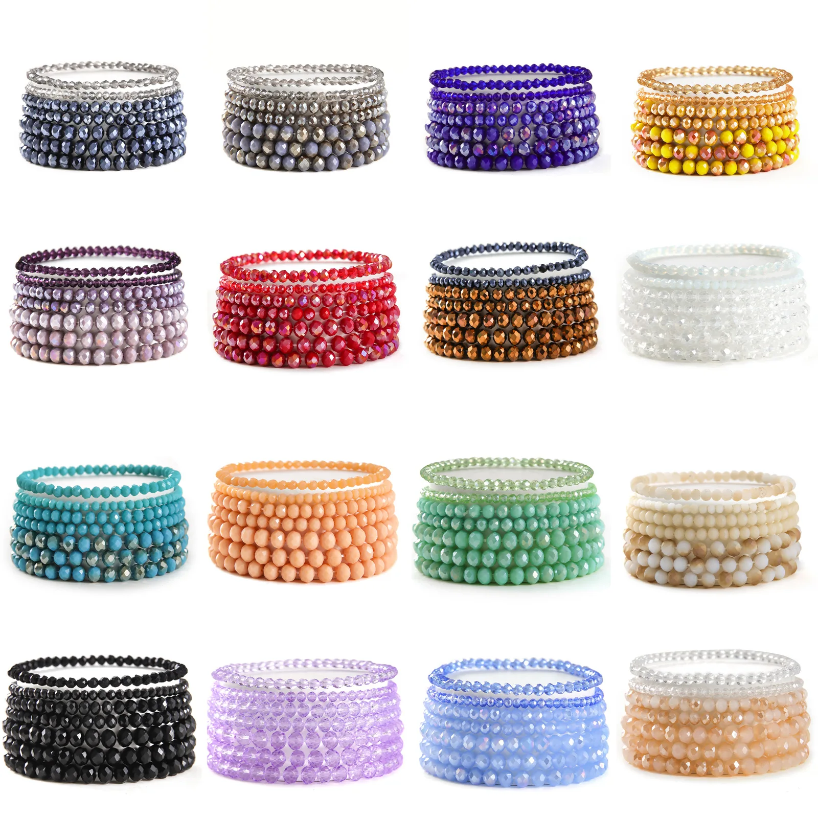 7pieces Per Set Different Size Crystal Beads Faceted Glass Beaded Same Color tone Stretch Bracelets Set