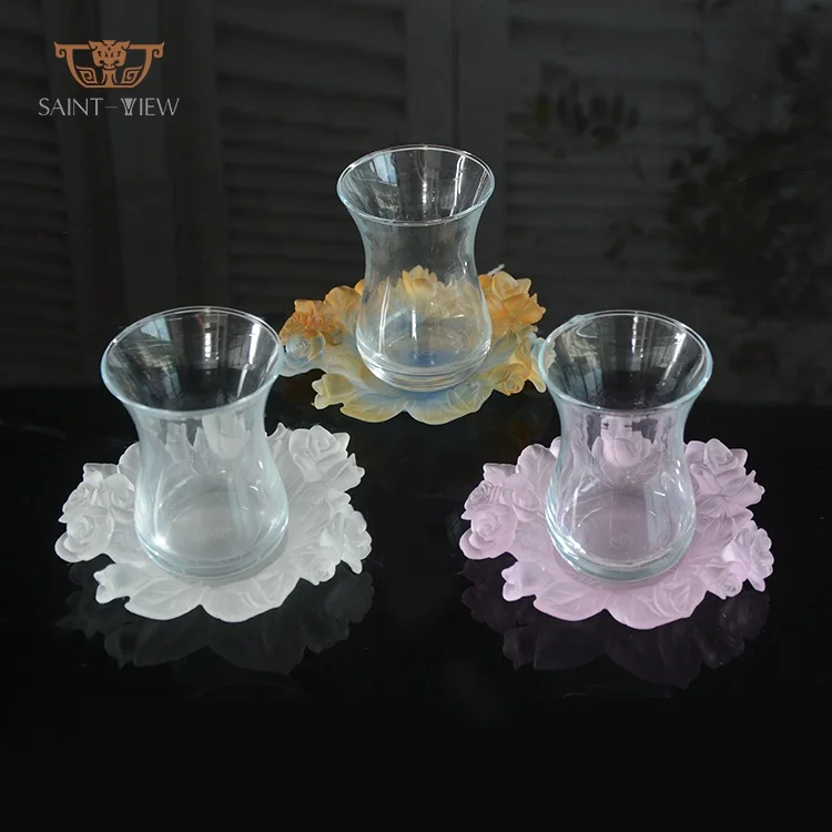 
Crystal Glass Arabic Tea Cup With Rose Flower Saucer 
