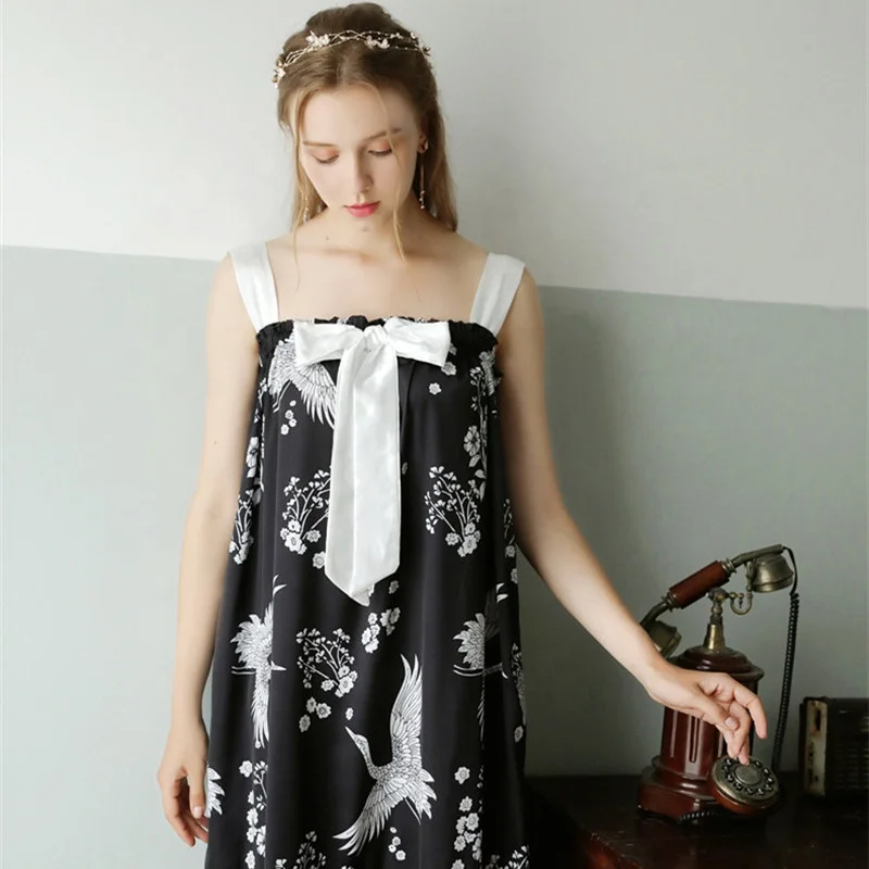 
Chinese wind crane pajamas summer silk cotton satin sexy sling strapless loose long pajamas 