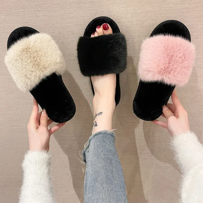 wholesale ladies dressing  fashion open toe fur flip-flops furry home  house slides slippers  women flat slippers