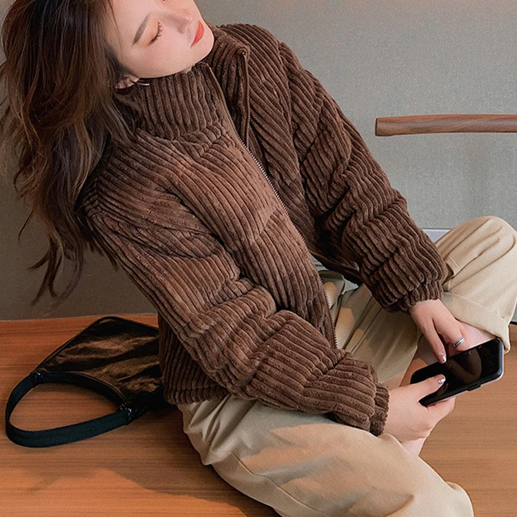 Winter Clothes Chic Korean Crop Coat Corduroy Pink Jackets for Women