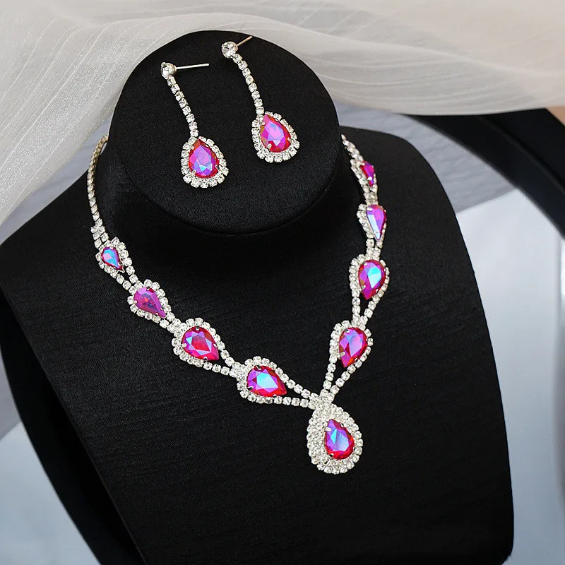 NUORO Hot Selling Colorful Zircon Necklace Exquisite Mix Colors Crystal Copper Clavicle Chain Earrings Necklace Jewelry Sets