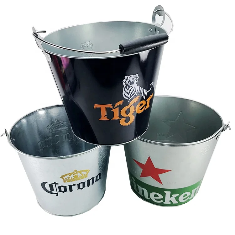 Custom Stock 5L Round Metal Beer Galvanized Ice Bucket with Bottle Opener and Handle for 6 Bottles of Beer Champagne