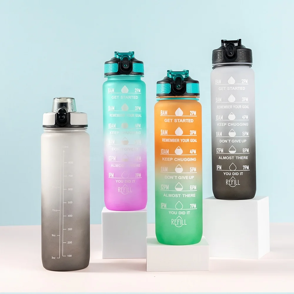 Frosted Tritan Plastic Bottle 1 Liter 32 Oz Motivational Water Bottle With Time Marker Reminder
